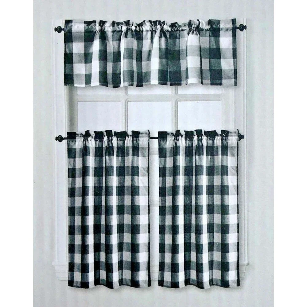 Willow Branch Buffalo Check Plaid Curtain Tier Valance Set Country Black White